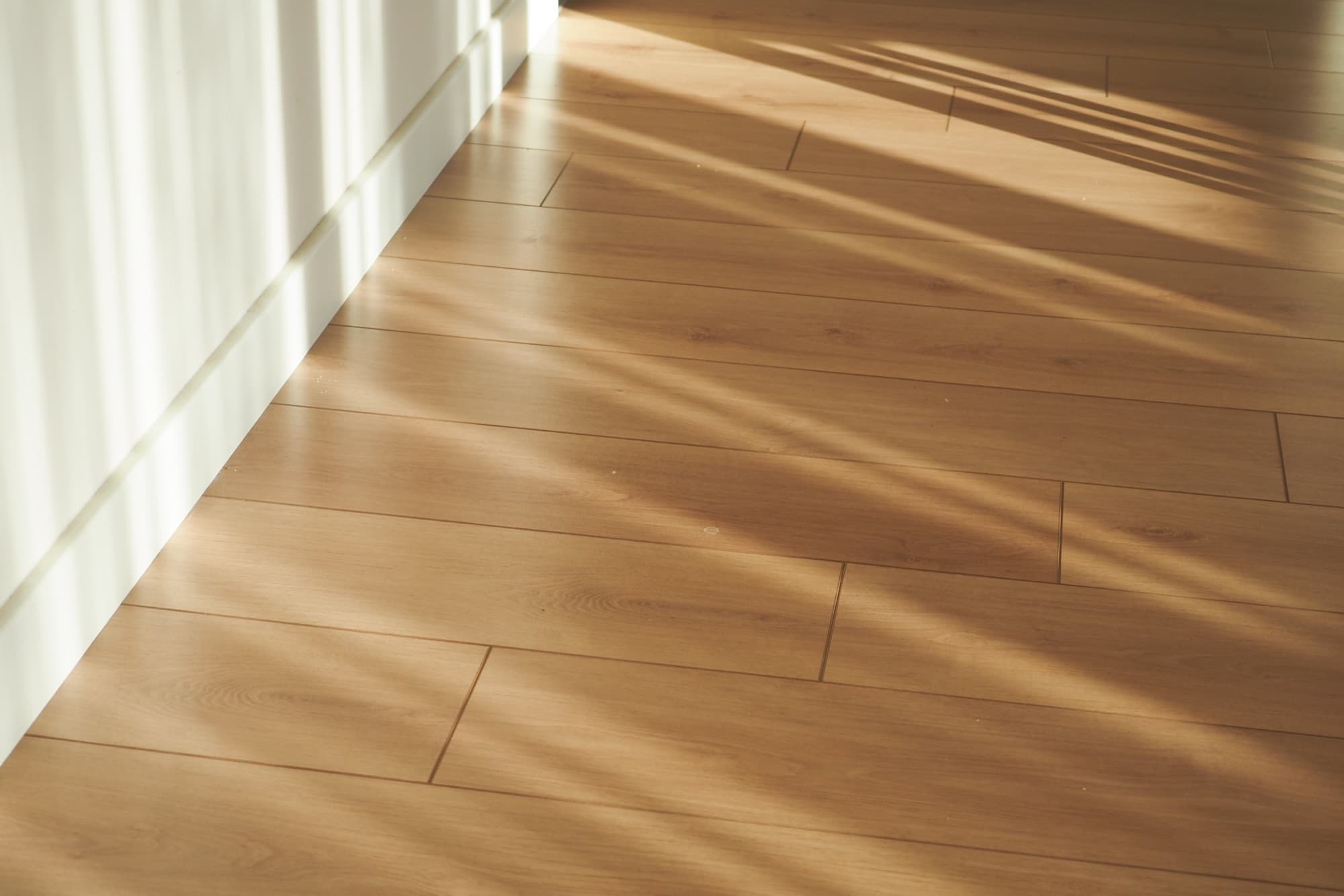 Timber flooring meeting white skirting, raked by afternoon sunlight