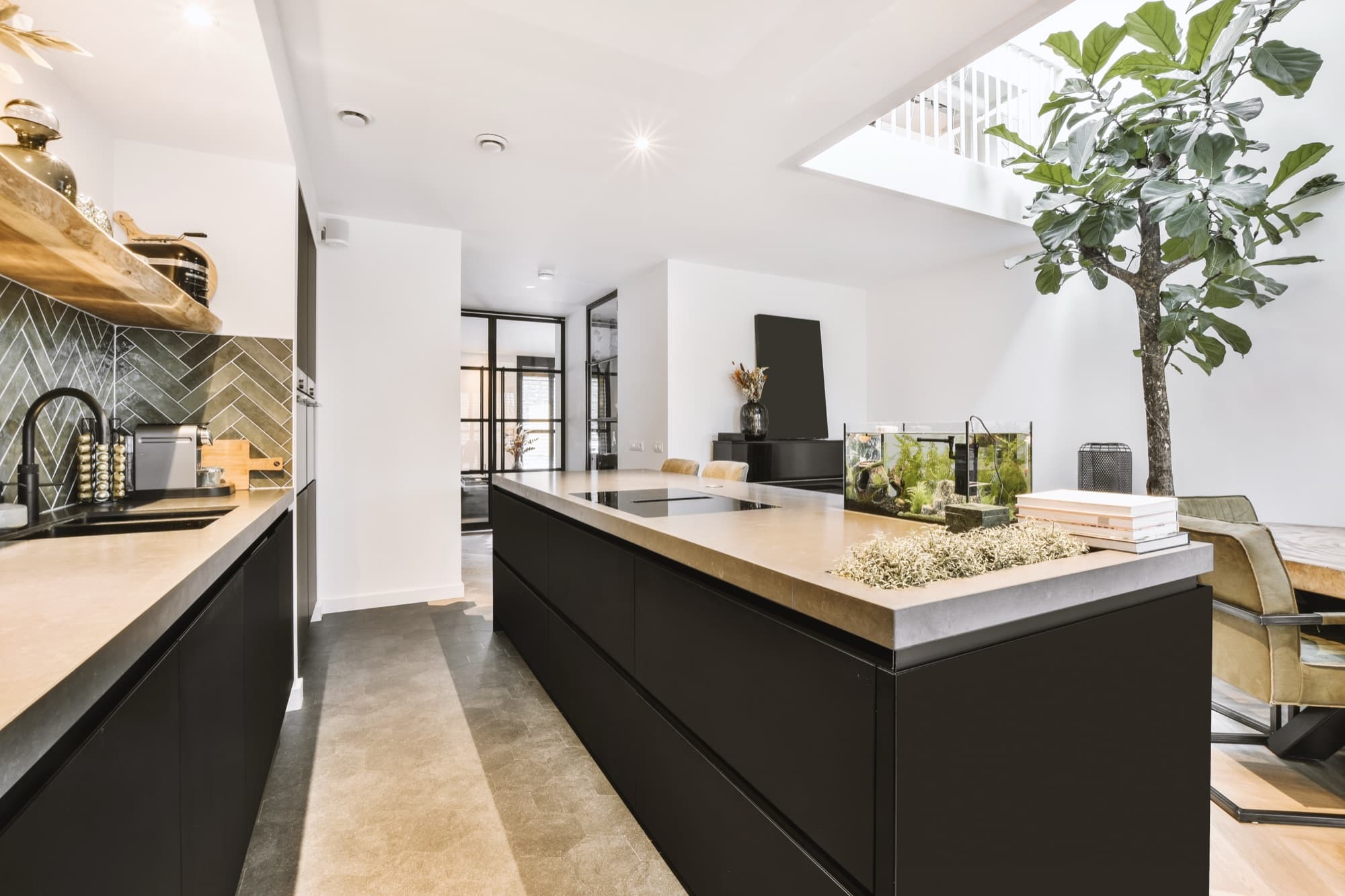 Stylish kitchen interior arranged around a central island