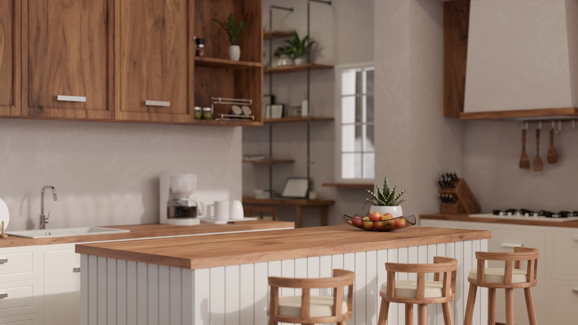 Warm kitchen interior with timber accents and fitted units